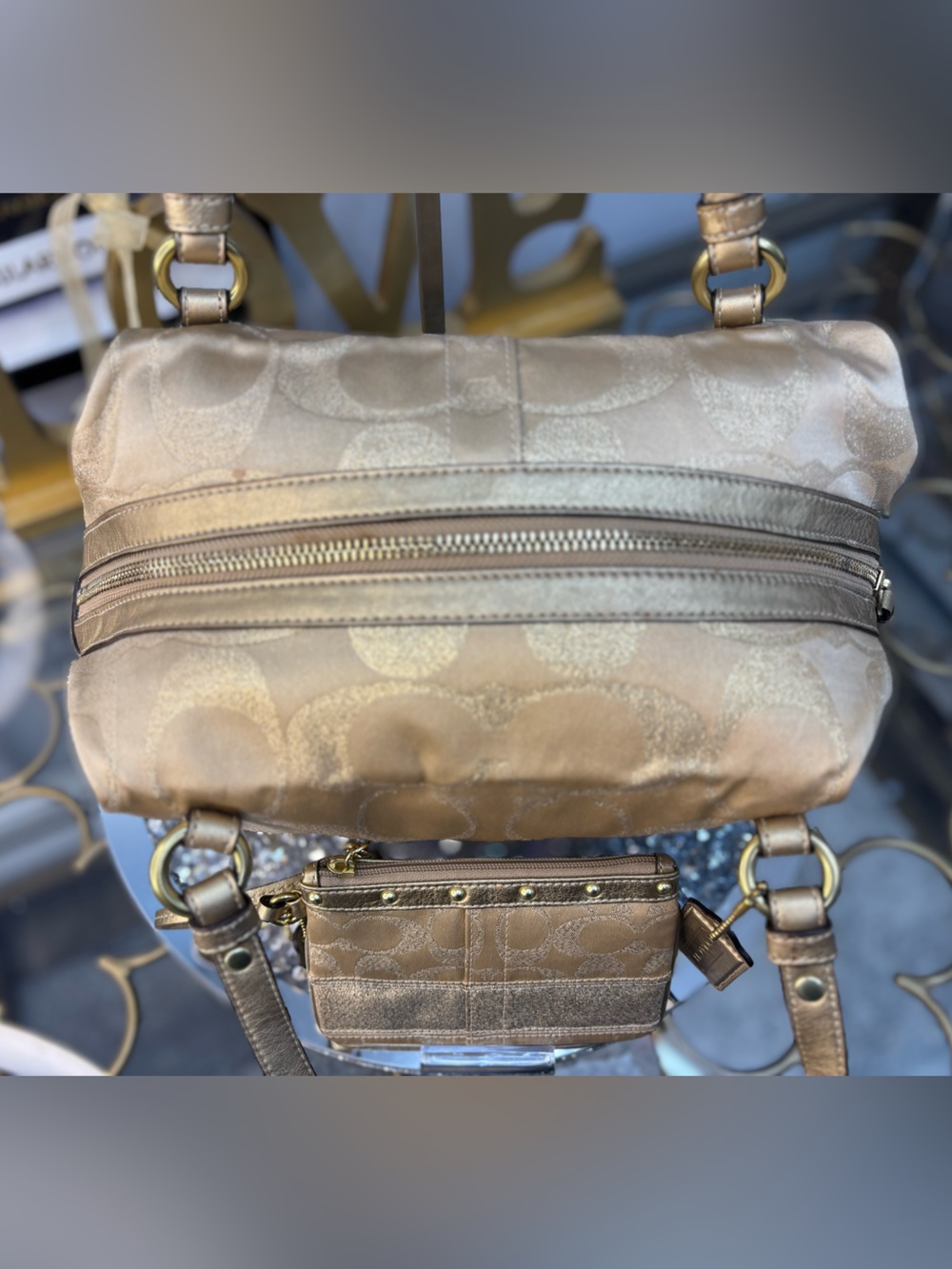 Coach 2008 Signature Stripe Studded Lurex Satchel w/matching wristlet EUC - Picture 6 of 15